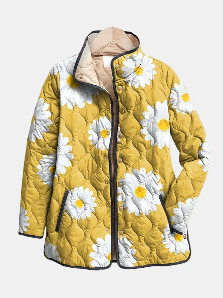 Vintage floral quilted jacket featuring a feminine silhouette, designed for lightweight comfort and warmth, perfect for stylish layering in any season. 4