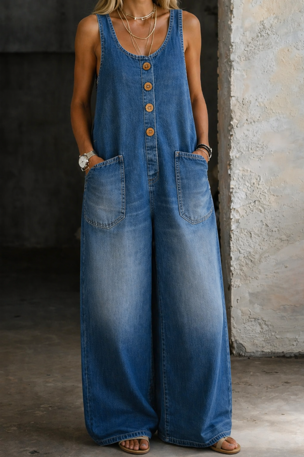 Vintage washed cotton overalls featuring a sleeveless design and square neckline, perfect for casual everyday wear, complete with convenient side pockets. 0