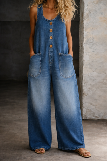 Vintage washed cotton overalls featuring a sleeveless design and square neckline, perfect for casual everyday wear, complete with convenient side pockets. 1