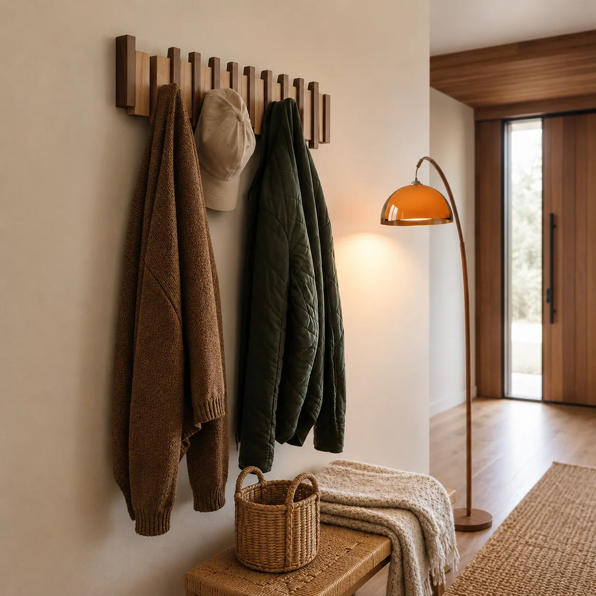 Wall mounted coat rack with foldable hooks in a modern wooden design featuring a natural finish, ideal for organizing coats and accessories in entryways or hallways 1