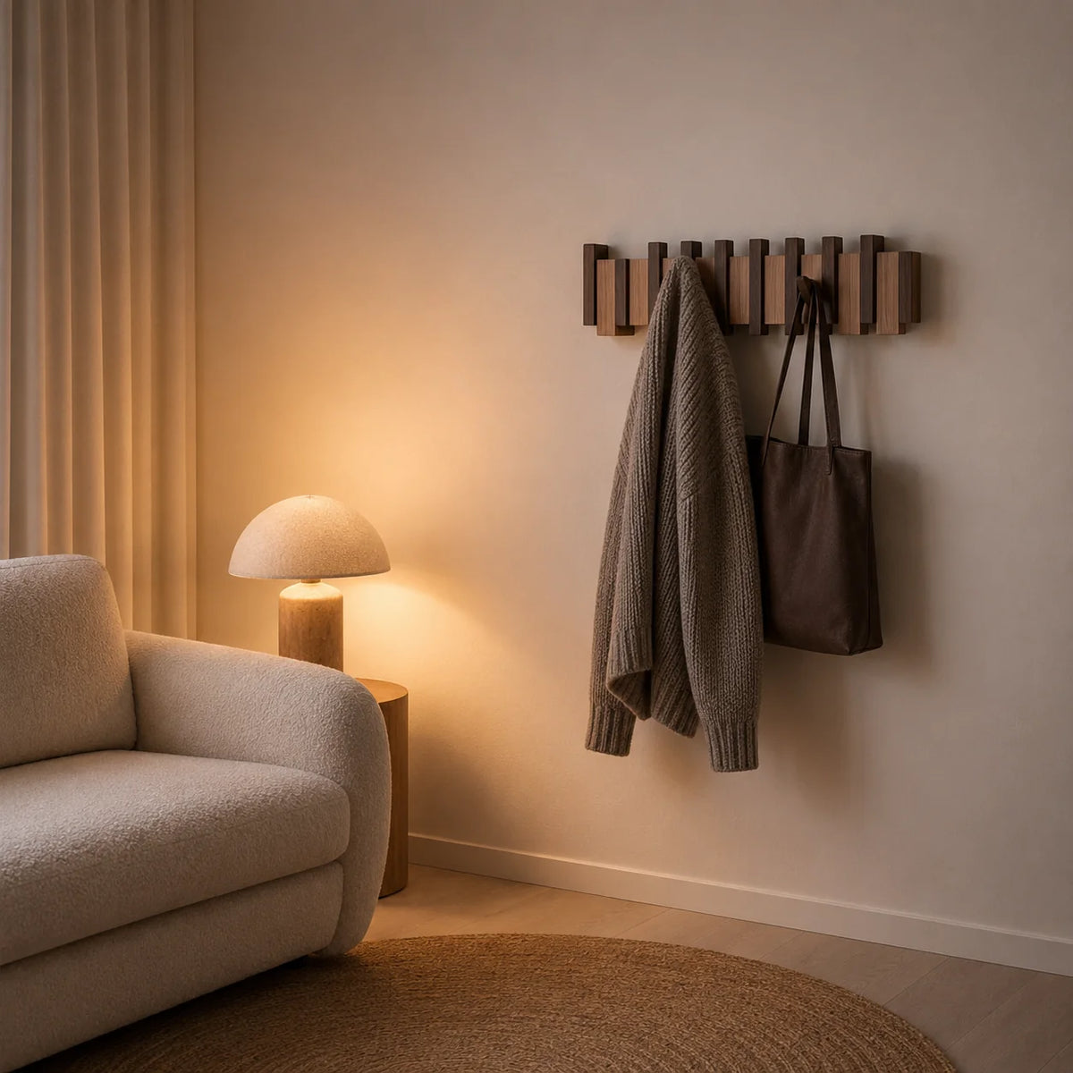 Wall mounted coat rack with foldable hooks in a modern wooden design featuring a natural finish, ideal for organizing coats and accessories in entryways or hallways 3