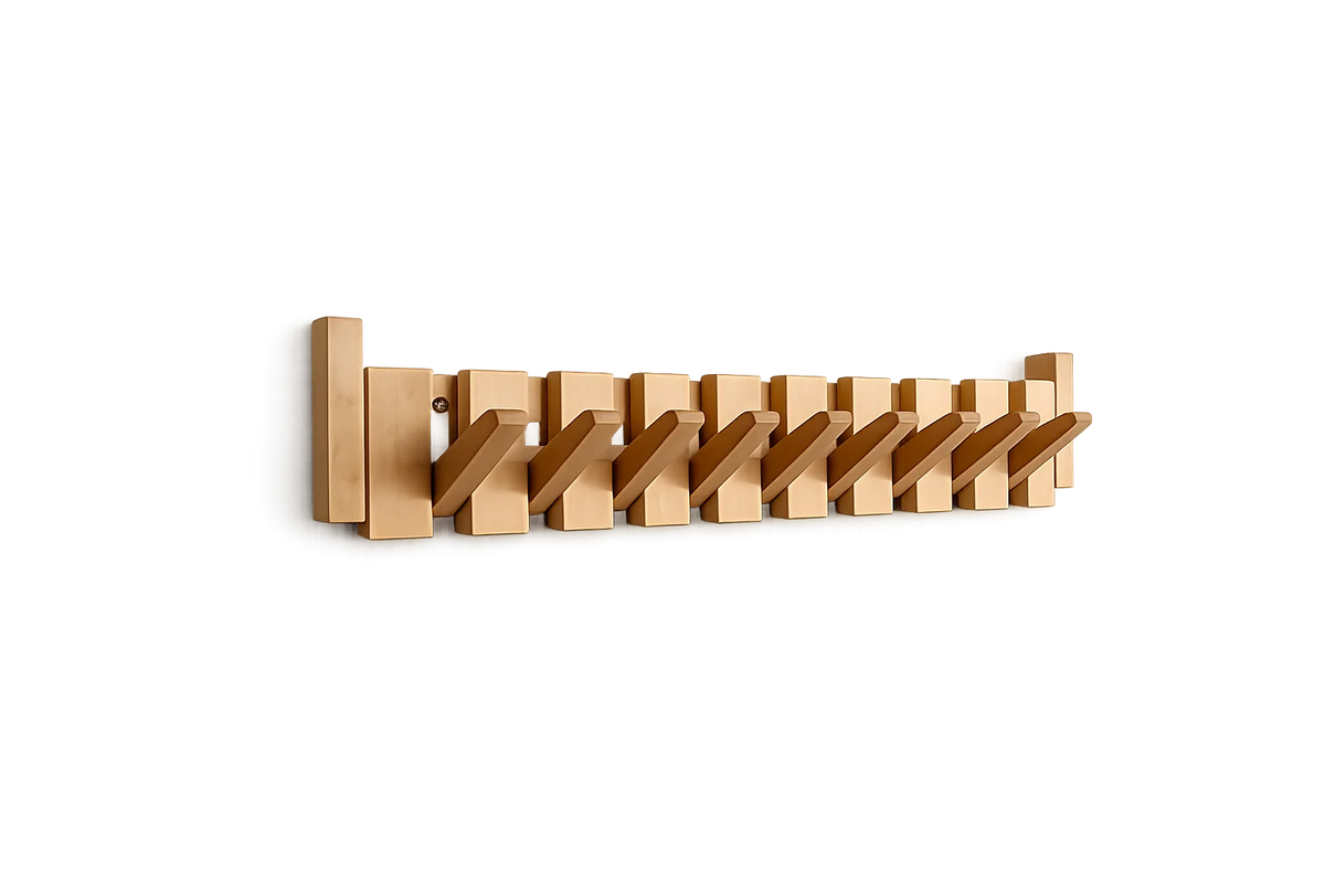 Wall mounted coat rack with foldable hooks in a modern wooden design featuring a natural finish, ideal for organizing coats and accessories in entryways or hallways 4