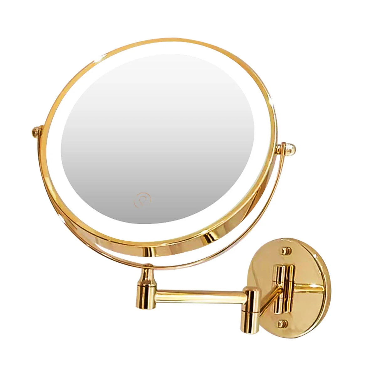 Wall mounted makeup mirror with LED light and magnification in a gold stainless steel finish, perfect for enhancing your beauty routine. 0