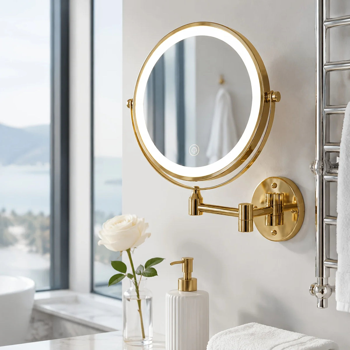 Wall mounted makeup mirror with LED light and magnification in a gold stainless steel finish, perfect for enhancing your beauty routine. 2