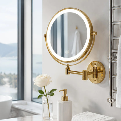 Wall mounted makeup mirror with LED light and magnification in a gold stainless steel finish, perfect for enhancing your beauty routine. 2