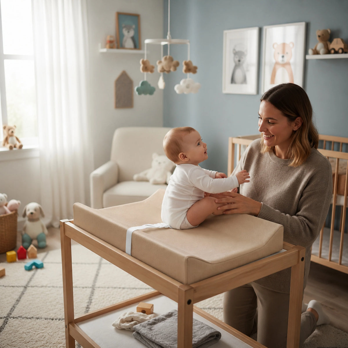 Waterproof baby changing pad with cushioned contoured support, featuring a neutral design ideal for modern nurseries. 2