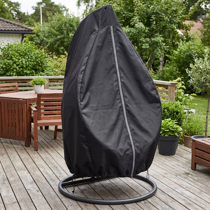 Waterproof hanging egg chair cover in black, made from durable Oxford fabric with UV protection and a secure drawstring closure, designed to protect outdoor furniture from 0