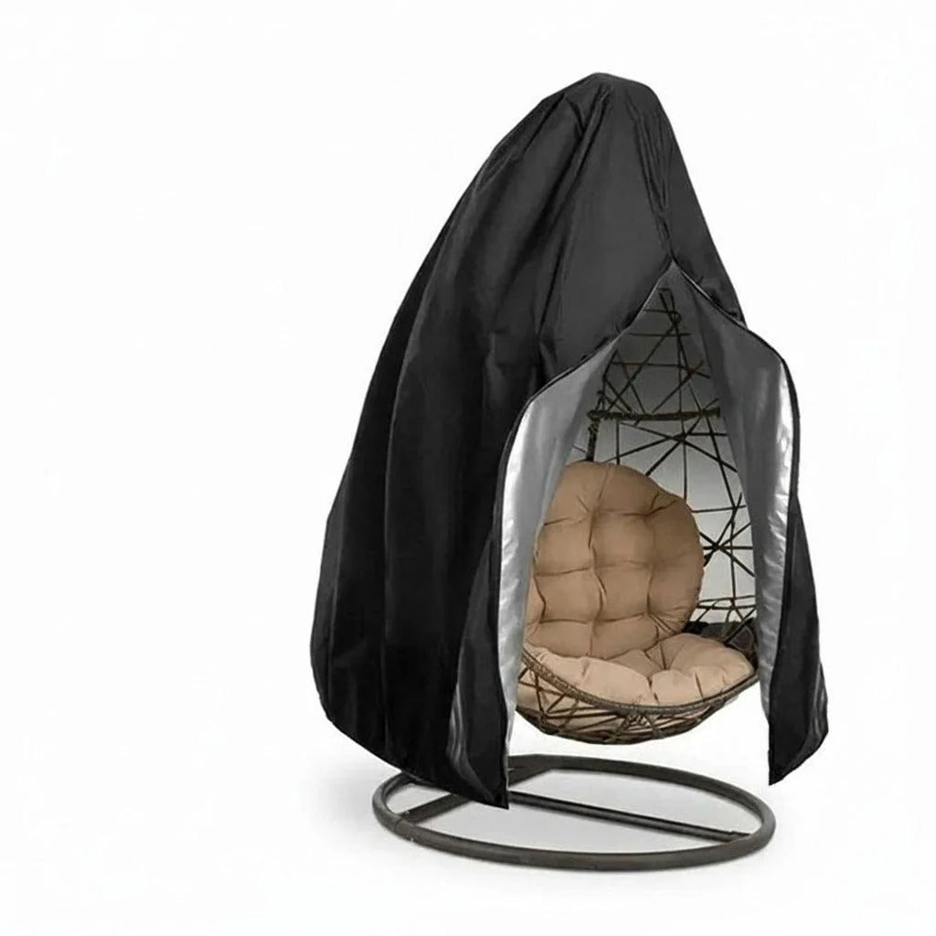 Waterproof hanging egg chair cover in black, made from durable Oxford fabric with UV protection and a secure drawstring closure, designed to protect outdoor furniture from 1