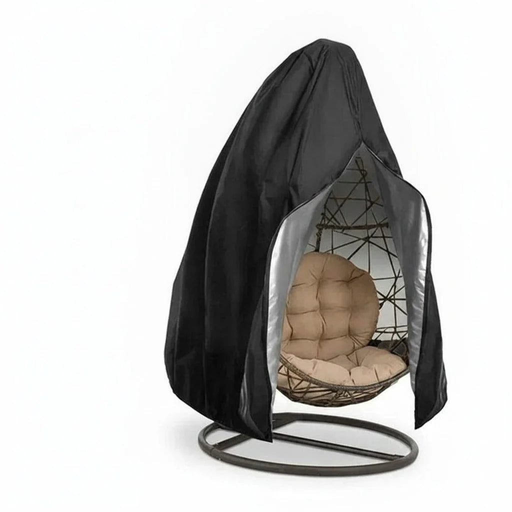 Waterproof hanging egg chair cover in black, made from durable Oxford fabric with UV protection and a secure drawstring closure, designed to protect outdoor furniture from 2