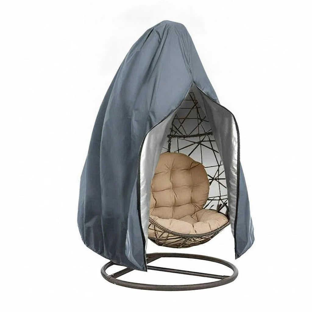 Waterproof hanging egg chair cover in black, made from durable Oxford fabric with UV protection and a secure drawstring closure, designed to protect outdoor furniture from 3
