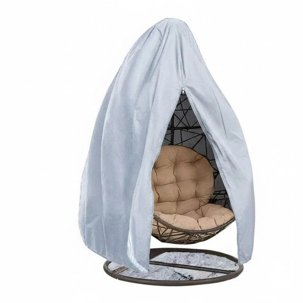 Waterproof hanging egg chair cover in black, made from durable Oxford fabric with UV protection and a secure drawstring closure, designed to protect outdoor furniture from 4