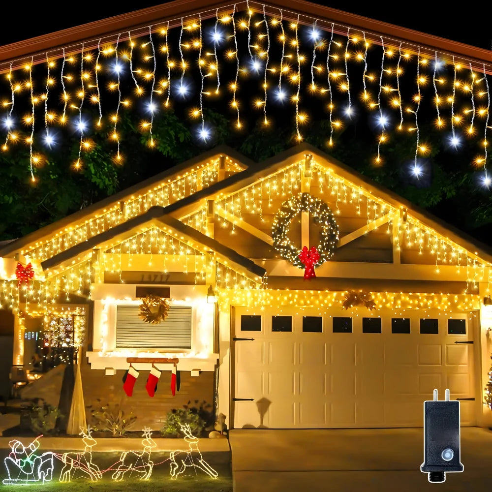 Waterproof LED outdoor light curtain with warm white illumination, perfect for patios and balconies, featuring energy-efficient design for festive decor. 0