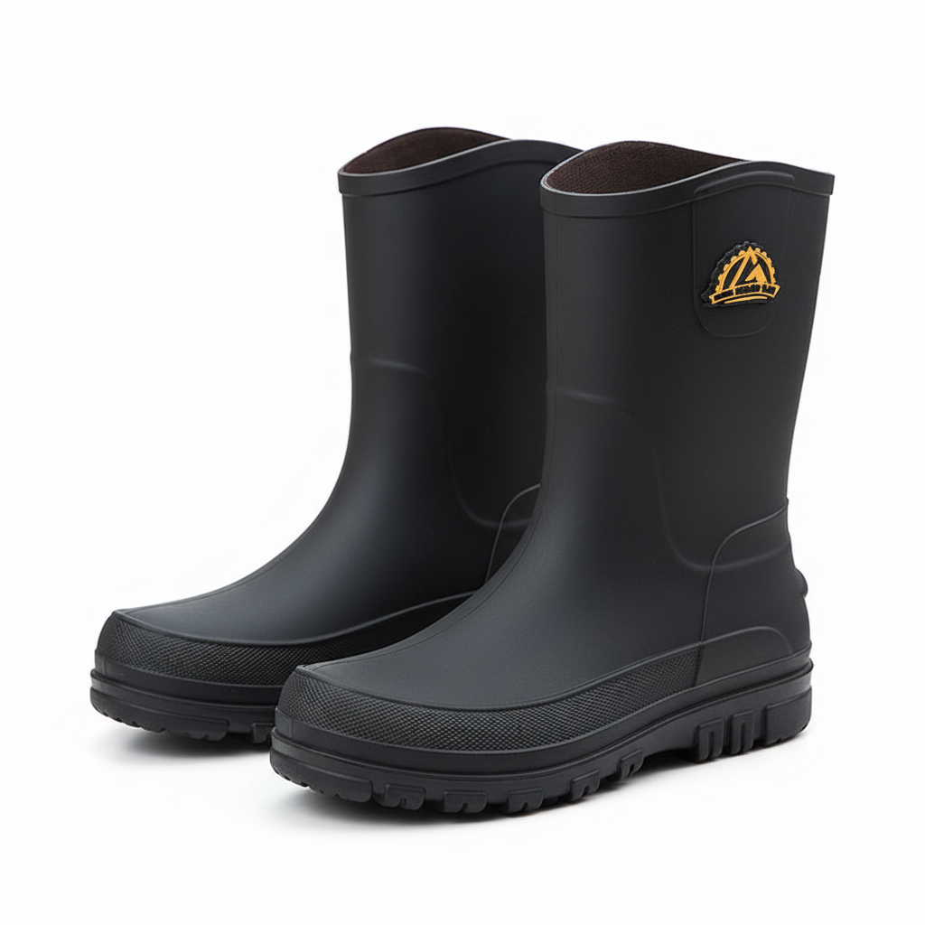 Waterproof rain boots for men featuring a slip-resistant sole and mid-calf outdoor design, ideal for wet conditions and outdoor activities. 2