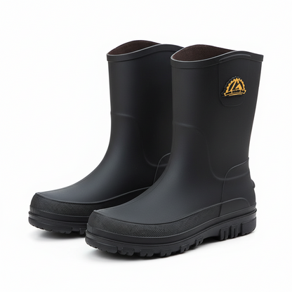 Waterproof rain boots for men featuring a slip-resistant sole and mid-calf outdoor design, ideal for wet conditions and outdoor activities. 2
