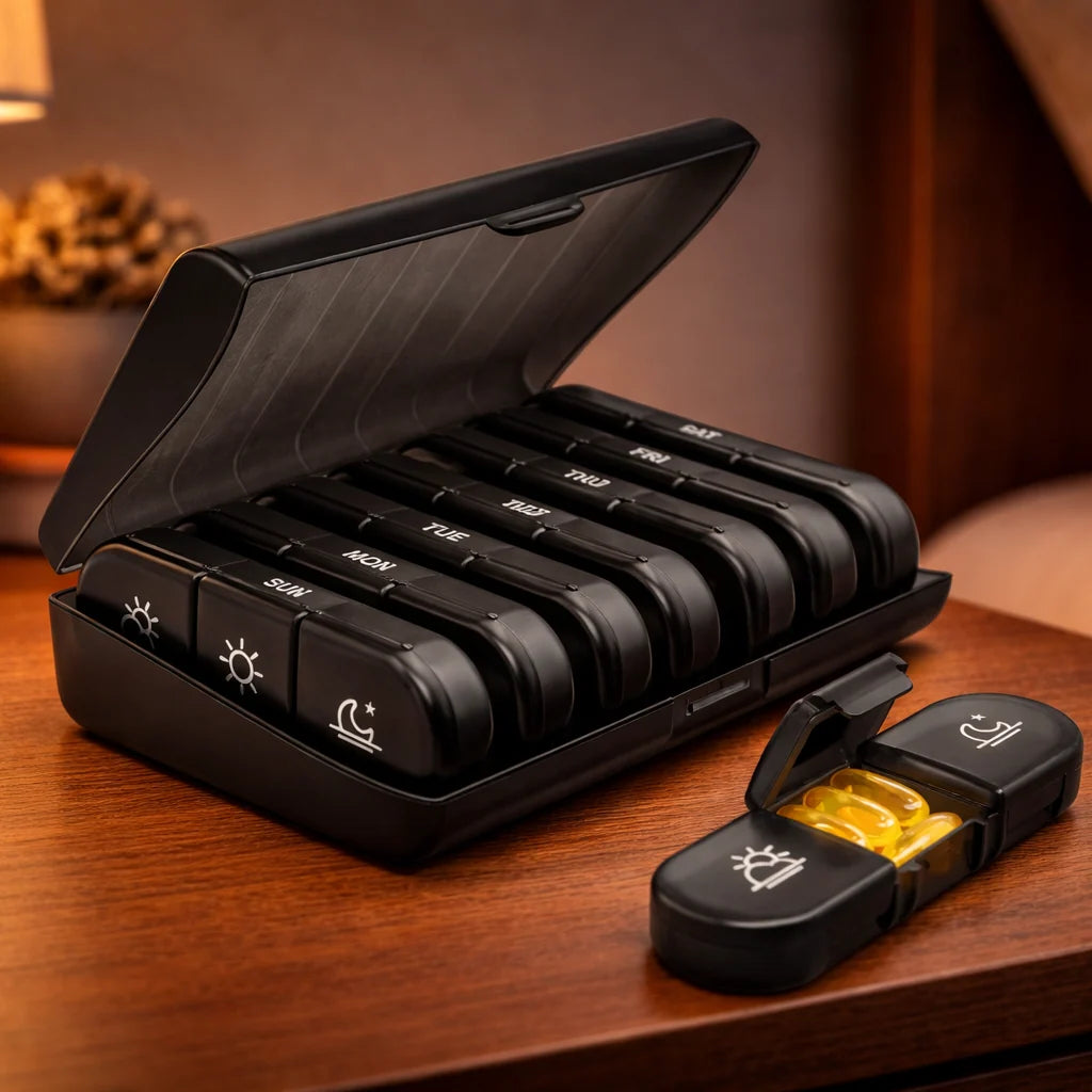 Weekly Pill Organizer with 21 compartments, designed for travel, made from BPA-free materials, perfect for daily medication management. 1