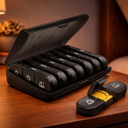 Weekly Pill Organizer with 21 compartments, designed for travel, made from BPA-free materials, perfect for daily medication management. 1