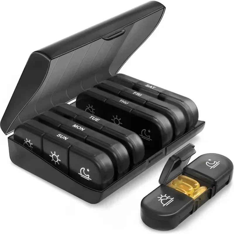 Weekly Pill Organizer with 21 compartments, designed for travel, made from BPA-free materials, perfect for daily medication management. 2