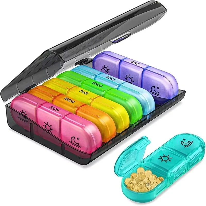 Weekly Pill Organizer with 21 compartments, designed for travel, made from BPA-free materials, perfect for daily medication management. 3