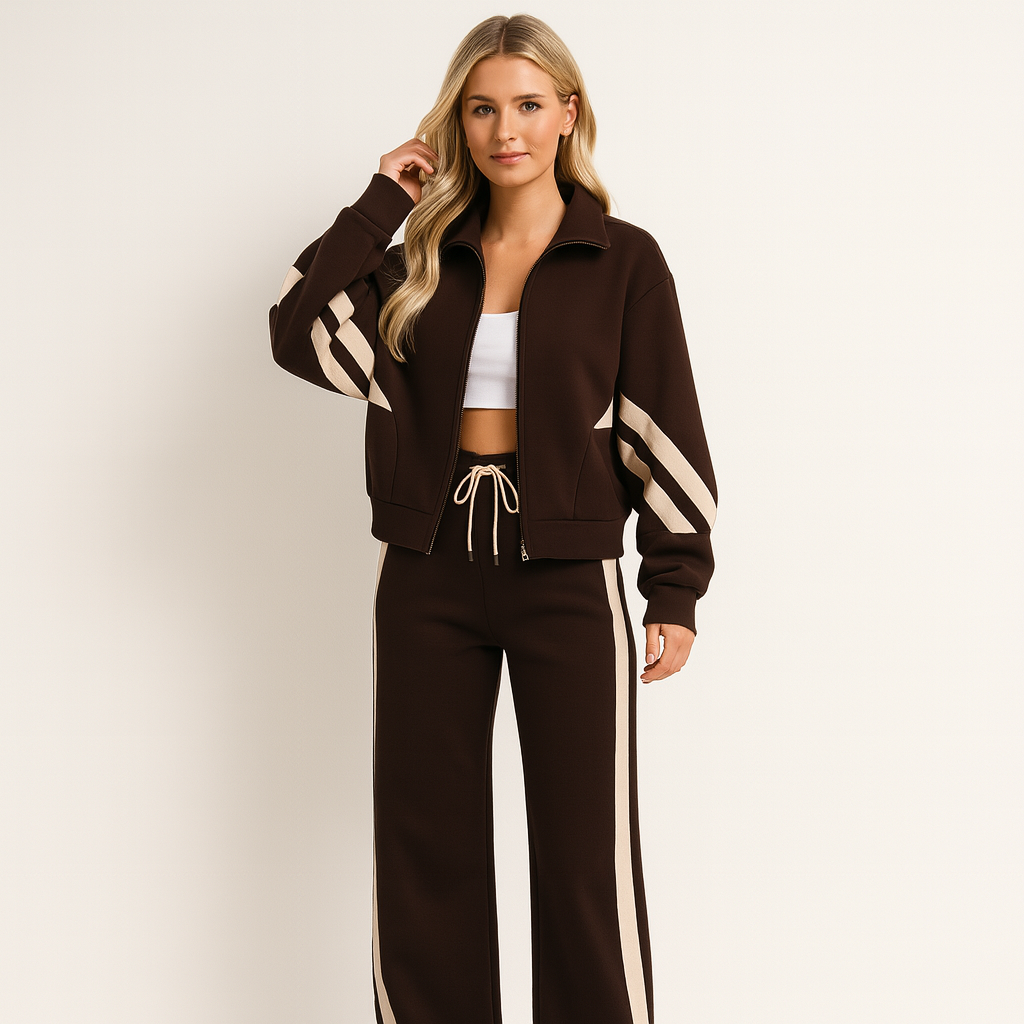 Women's 2-Piece Training Set featuring a stylish zipper jacket and wide leg pants, designed in a modern sporty style with contrasting stripes for a chic workout 0
