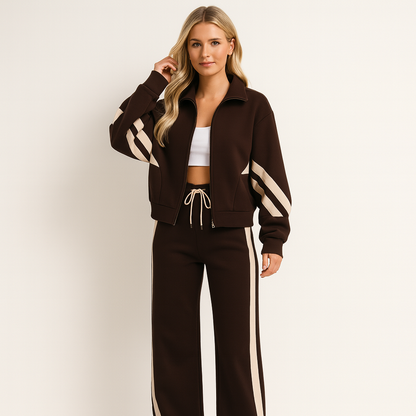 Women's 2-Piece Training Set featuring a stylish zipper jacket and wide leg pants, designed in a modern sporty style with contrasting stripes for a chic workout 0