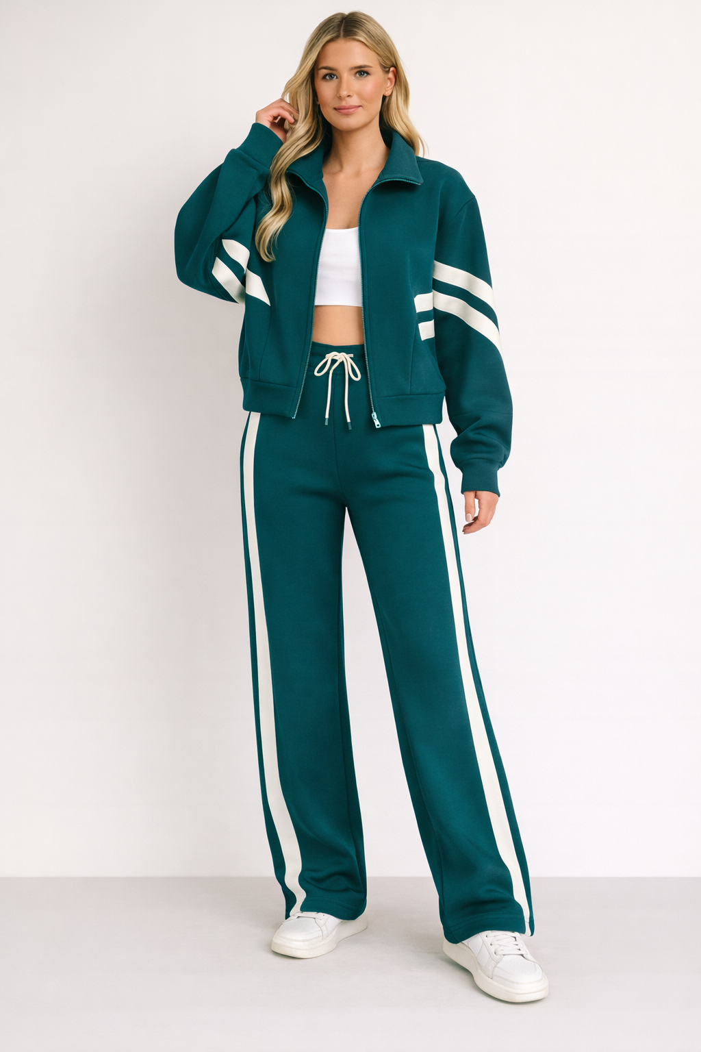 Women's 2-Piece Training Set featuring a stylish zipper jacket and wide leg pants, designed in a modern sporty style with contrasting stripes for a chic workout 4