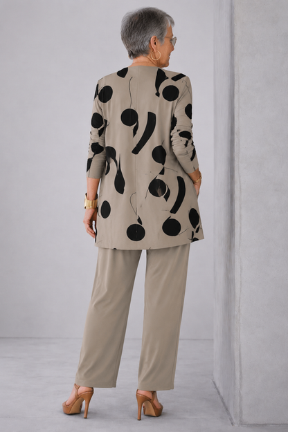 Women's 3-piece set featuring a relaxed fit cardigan, long sleeve top, and wide-leg trousers in earthy tones, perfect for casual elegance and comfort. 1