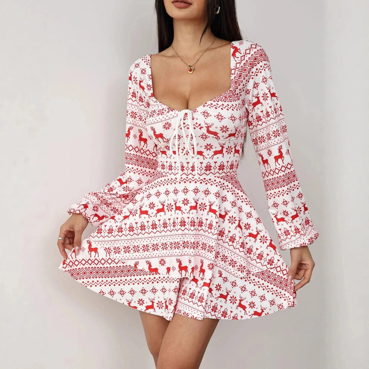 Women's A-Line Mini Dress featuring a vibrant printed design, long sleeves, and a flattering V-neckline, perfect for autumn styles. 0