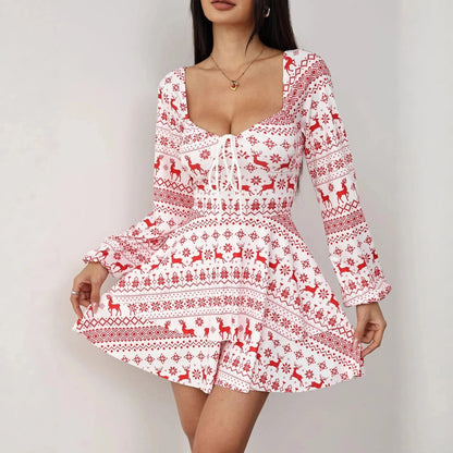 Women's A-Line Mini Dress featuring a vibrant printed design, long sleeves, and a flattering V-neckline, perfect for autumn styles. 0