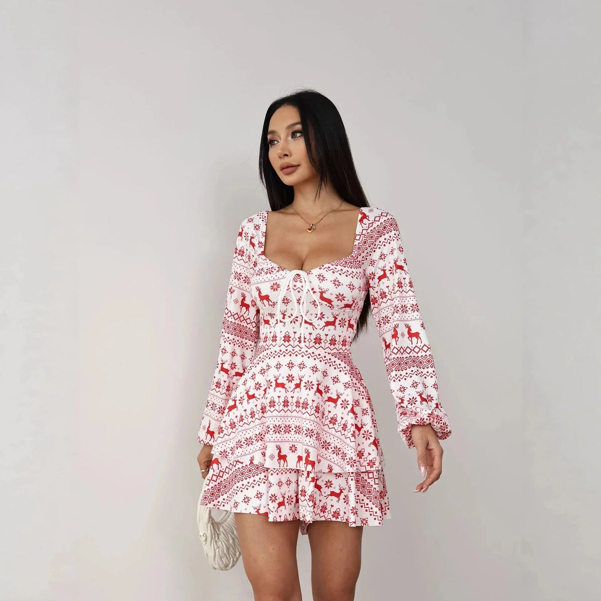 Women's A-Line Mini Dress featuring a vibrant printed design, long sleeves, and a flattering V-neckline, perfect for autumn styles. 1