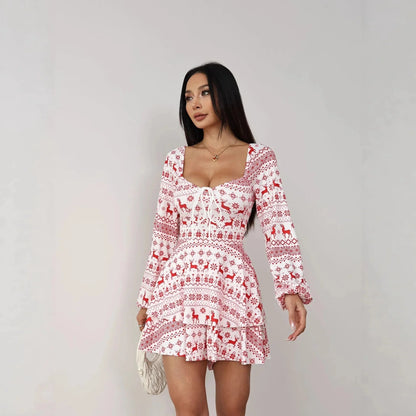 Women's A-Line Mini Dress featuring a vibrant printed design, long sleeves, and a flattering V-neckline, perfect for autumn styles. 1