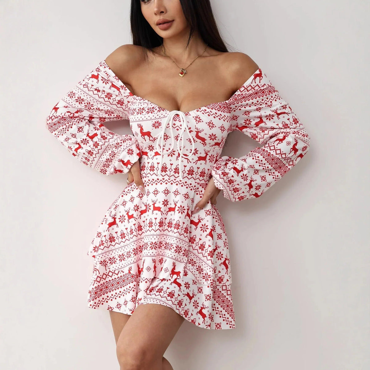 Women's A-Line Mini Dress featuring a vibrant printed design, long sleeves, and a flattering V-neckline, perfect for autumn styles. 2