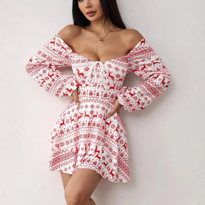 Women's A-Line Mini Dress featuring a vibrant printed design, long sleeves, and a flattering V-neckline, perfect for autumn styles. 2