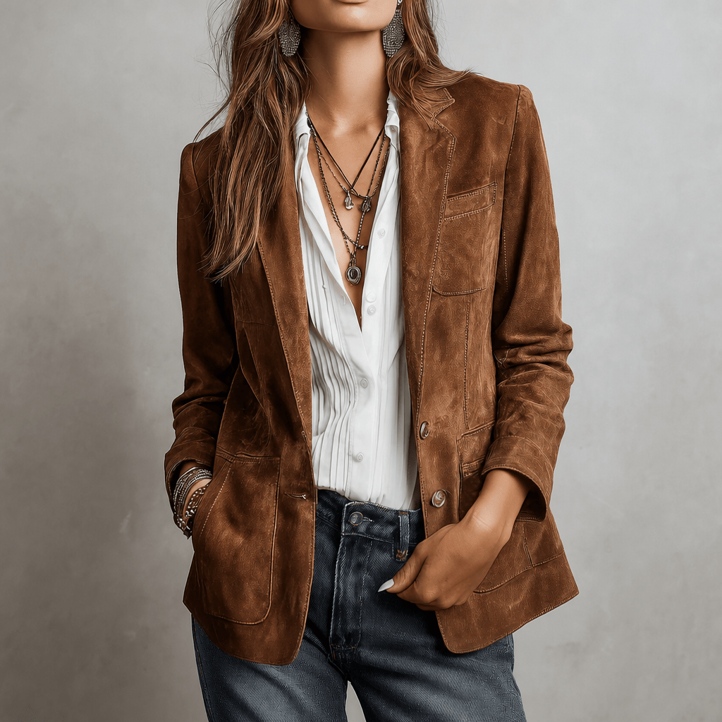 Women's blazer featuring a notched lapel, functional pockets, and a relaxed fit in matte suede, perfect for stylish and comfortable layering. 0