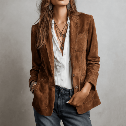 Women's blazer featuring a notched lapel, functional pockets, and a relaxed fit in matte suede, perfect for stylish and comfortable layering. 0