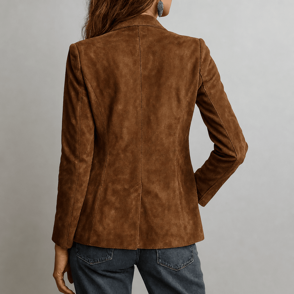 Women's blazer featuring a notched lapel, functional pockets, and a relaxed fit in matte suede, perfect for stylish and comfortable layering. 1