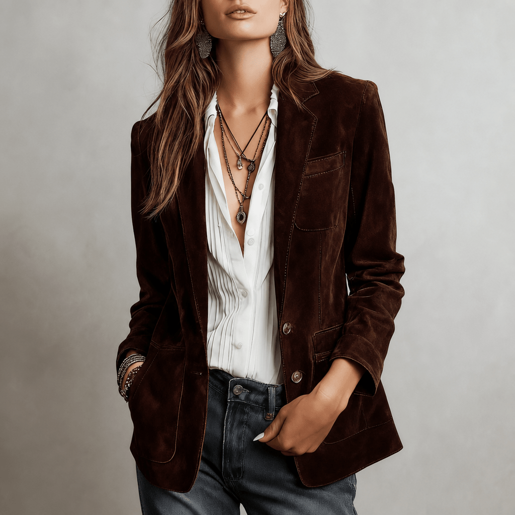 Women's blazer featuring a notched lapel, functional pockets, and a relaxed fit in matte suede, perfect for stylish and comfortable layering. 5