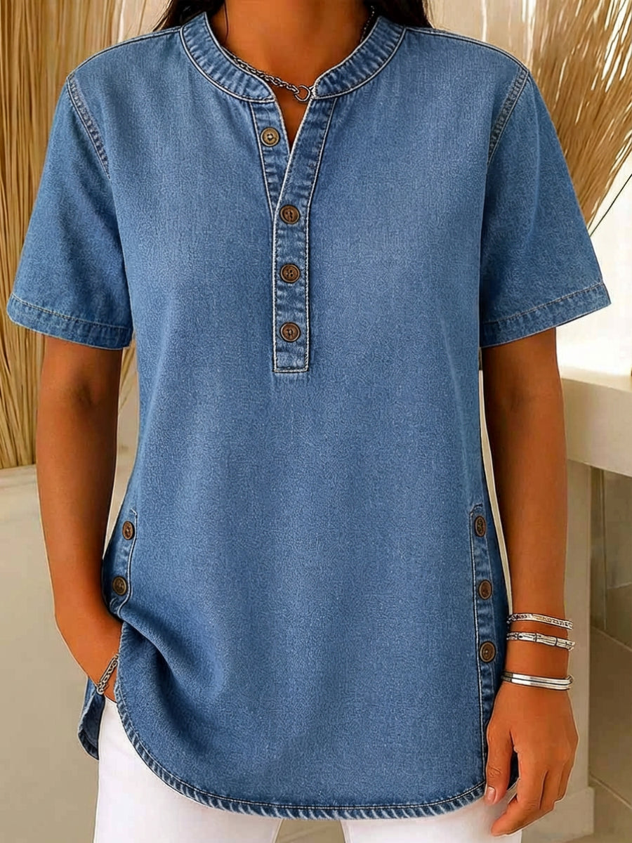 Women's relaxed fit blouse featuring a Henley neckline and short sleeves, made from a soft cotton blend for casual comfort and style. 0