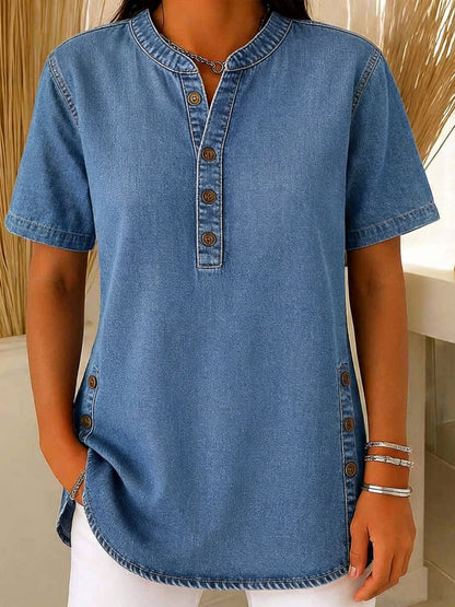 Women's relaxed fit blouse featuring a Henley neckline and short sleeves, made from a soft cotton blend for casual comfort and style. 0