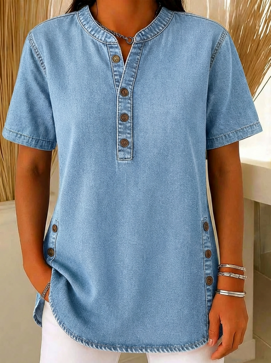 Women's relaxed fit blouse featuring a Henley neckline and short sleeves, made from a soft cotton blend for casual comfort and style. 1