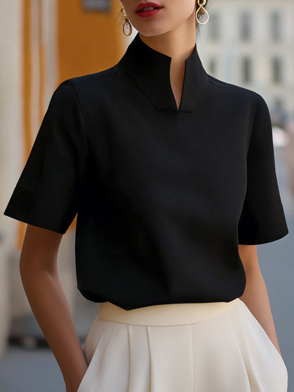 Women's business blouse featuring a stylish stand-up collar and short sleeves, perfect for elegant professional wear in the office or business meetings. 4