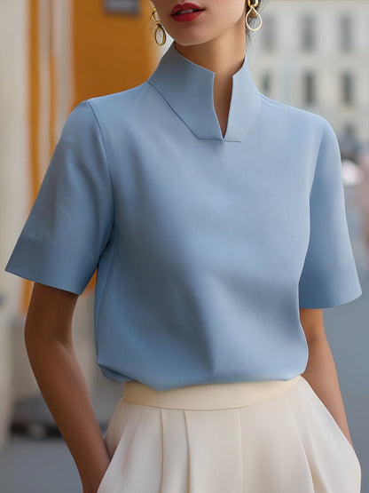 Women's business blouse featuring a stylish stand-up collar and short sleeves, perfect for elegant professional wear in the office or business meetings. 6