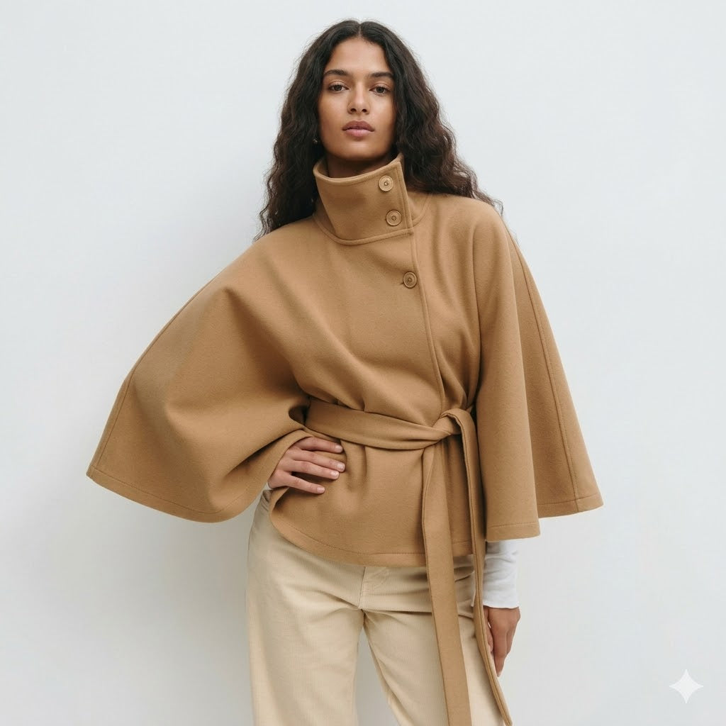 Women's cape coat featuring an adjustable waist belt and high neck, designed for elegant winter layering in a soft polyester blend fabric. 1