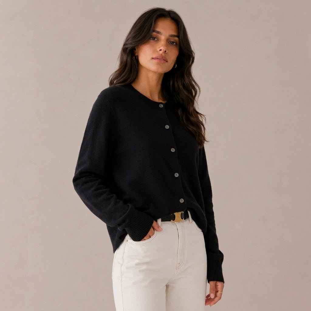 Women's cashmere cardigan featuring a button front and round neck, designed in a fitted style for versatile layering, perfect for both casual and formal occasions. 0