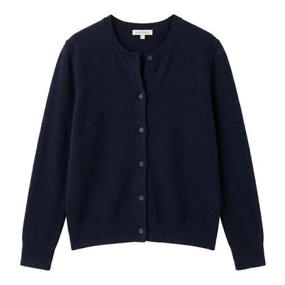 Women's cashmere cardigan featuring a button front and round neck, designed in a fitted style for versatile layering, perfect for both casual and formal occasions. 8