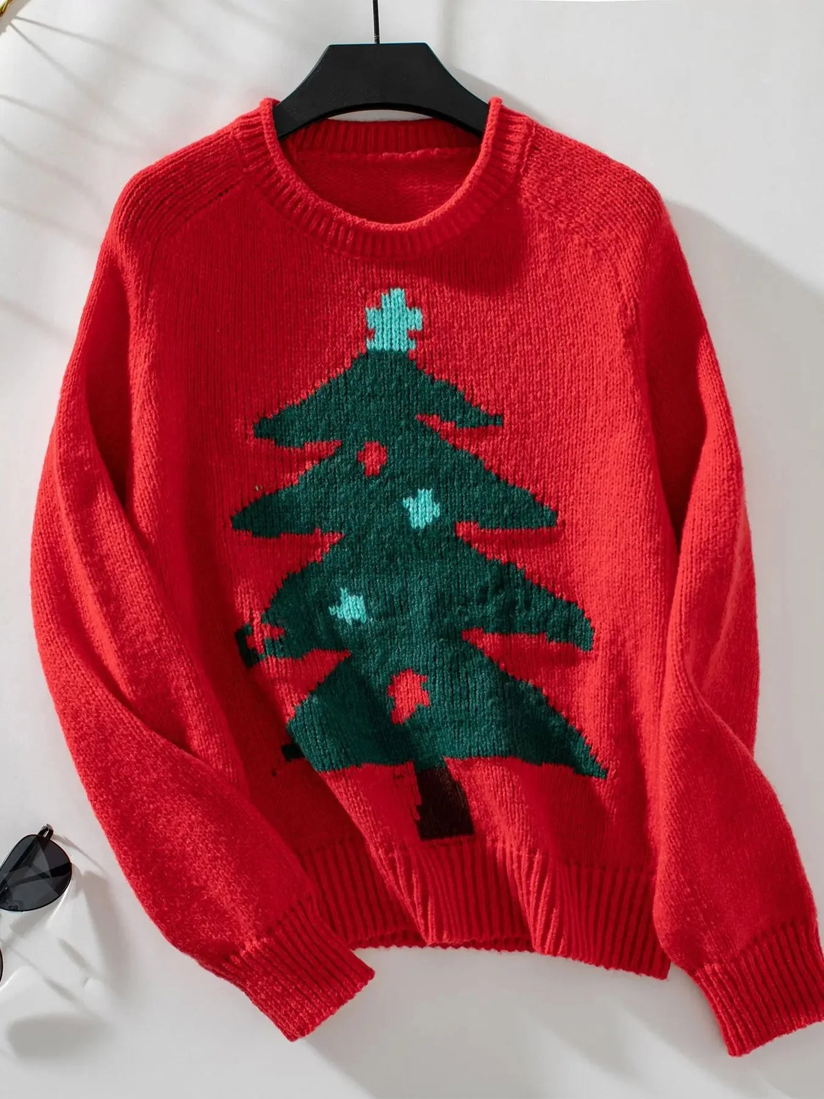 Women's Christmas Jumper featuring a festive Christmas tree print, designed in a regular fit with an O-neck, made from soft acrylic knit fabric. 0