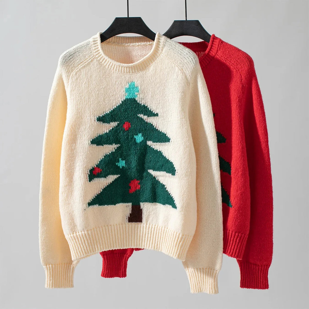 Women's Christmas Jumper featuring a festive Christmas tree print, designed in a regular fit with an O-neck, made from soft acrylic knit fabric. 1