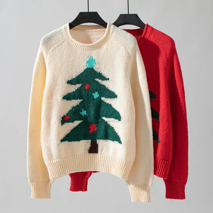 Women's Christmas Jumper featuring a festive Christmas tree print, designed in a regular fit with an O-neck, made from soft acrylic knit fabric. 1