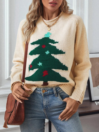 Women's Christmas Jumper featuring a festive Christmas tree print, designed in a regular fit with an O-neck, made from soft acrylic knit fabric. 2