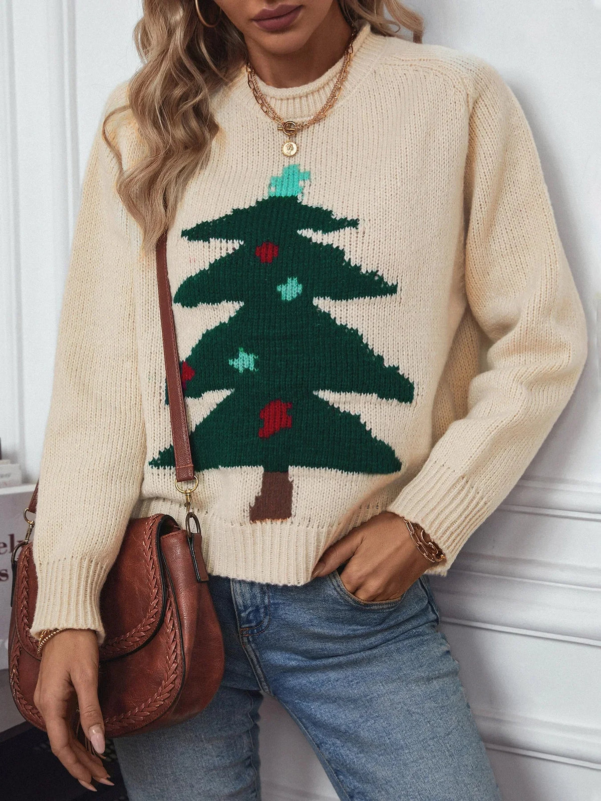 Women's Christmas Jumper featuring a festive Christmas tree print, designed in a regular fit with an O-neck, made from soft acrylic knit fabric. 3