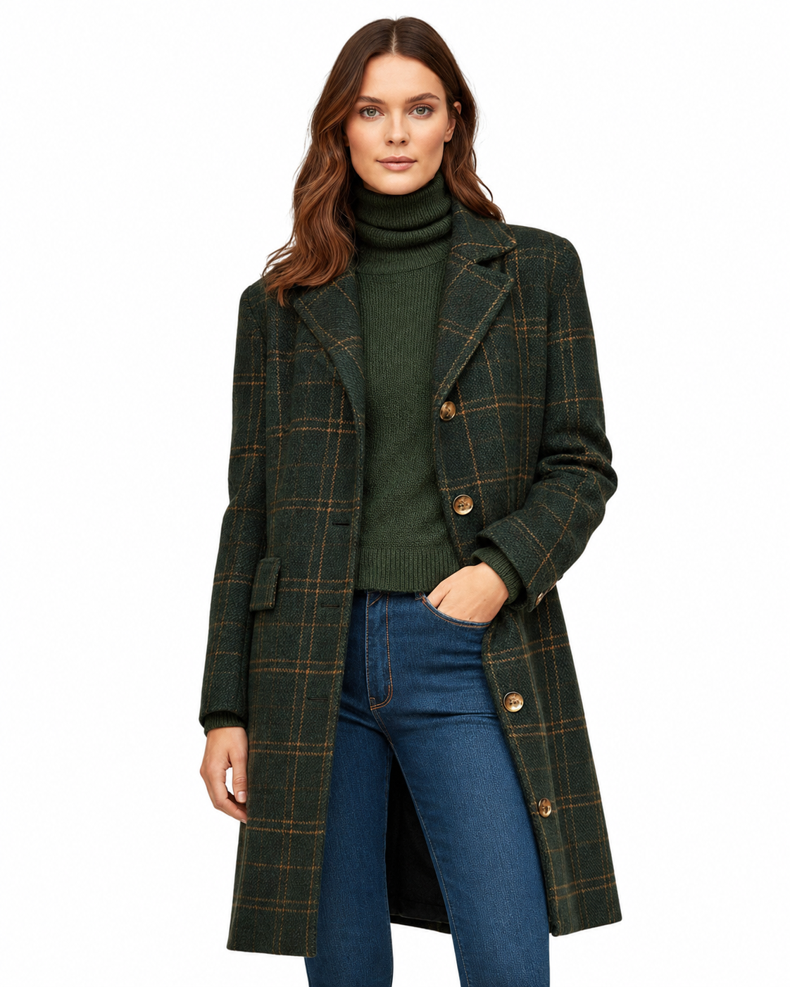 Women's fitted plaid wool blend coat with button closure, perfect for stylish winter outerwear. 0